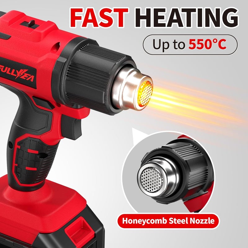 FULLYEA Cordless Heat Gun, Max 1022°F (550°C) Fast Heating, Lightweight Hot Air Gun Kit with 2x4.0Ah Batteries & 5 Nozzles, Portable Heat Gun for Shrink Tubing, PVC Wrap, Crafts (Red) - Image 2